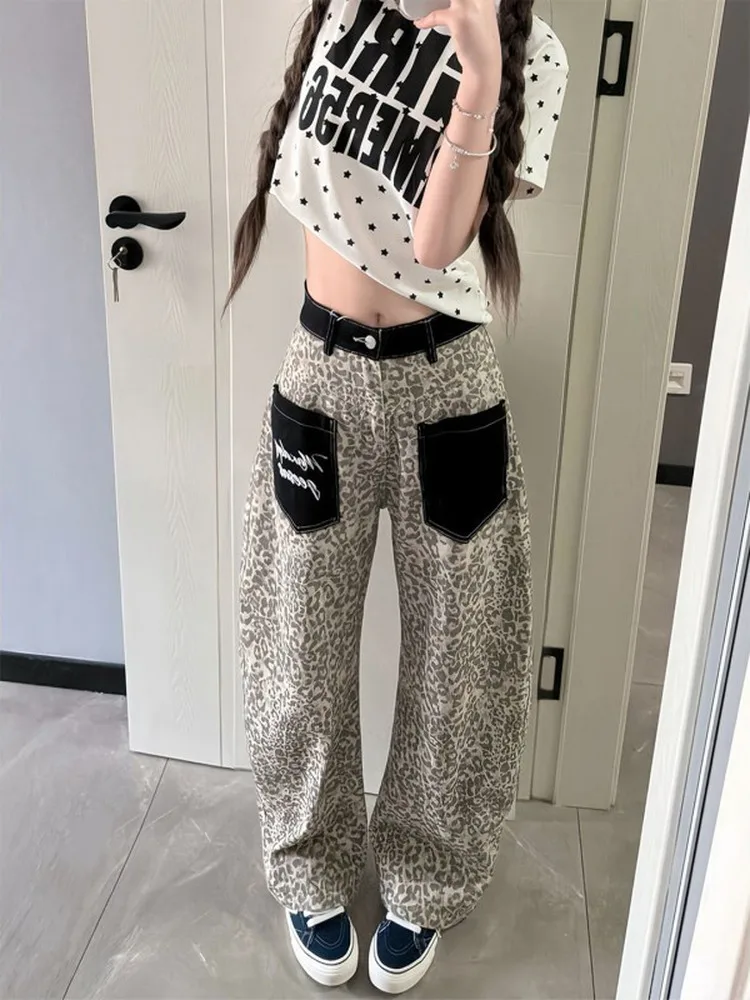 Retro American High Street Leopard Patchwork Pocket Knife Jeans Men's Loose Straight Leg Trousers for All Seasons Fashion Brand
