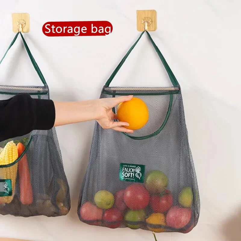 Reusable Kitchen Hanging Mesh Bag Home Fruit and Vegetable Net Pocket Hollow Storage Net Bag for Ginger Garlic Potatoes Onions