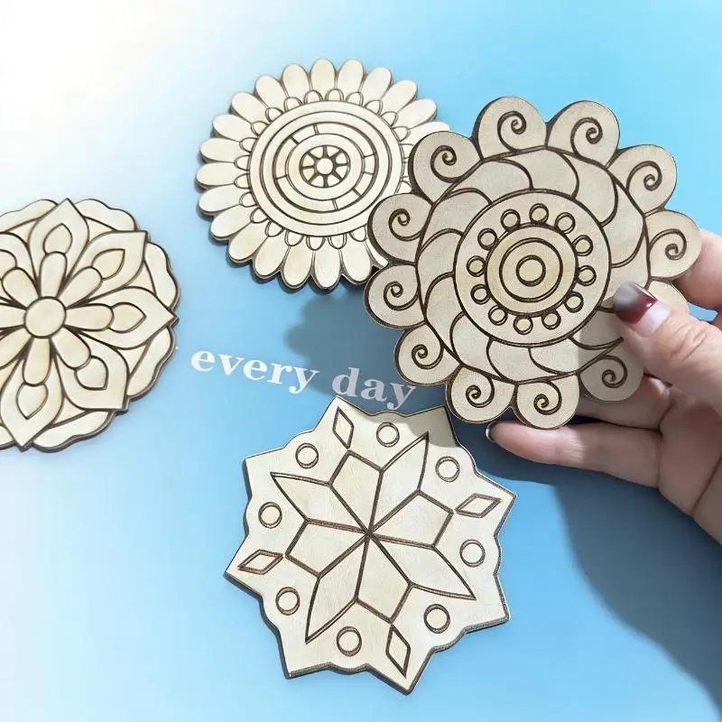 New 8/12pcs Unfinished Mandala Coloring Wooden Art Painting DIY Kit, Creative Craft Doodle Tool Kit, High-Quality Materials