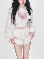 Warm White Sweet Two Piece Set Women Korean Style Kawaii Cute Short Set Female Lolita Japanese Hoodie + Short Suit Autumn 2022