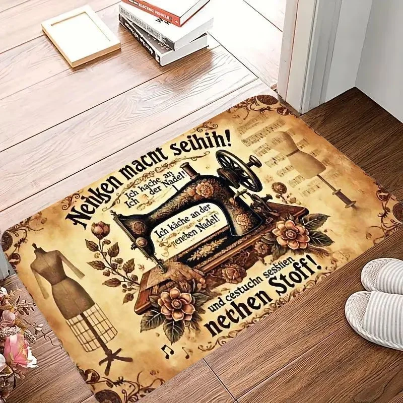 Vintage Sewing Machine Print Doormat Retro Floral Scissors Design Non Slip Floor Mat for Sewing Room