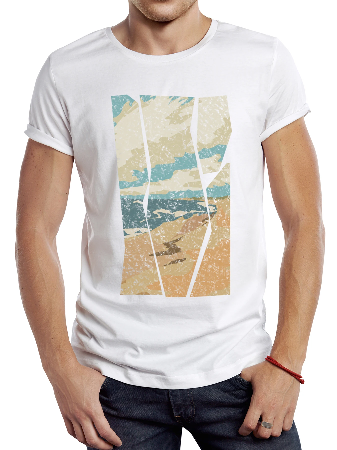 

FPACE Retro Beach Men T Shirt Graphic Streetwear Short Sleeve Sport Tops Vintage Broken Beach Printed T-shirt