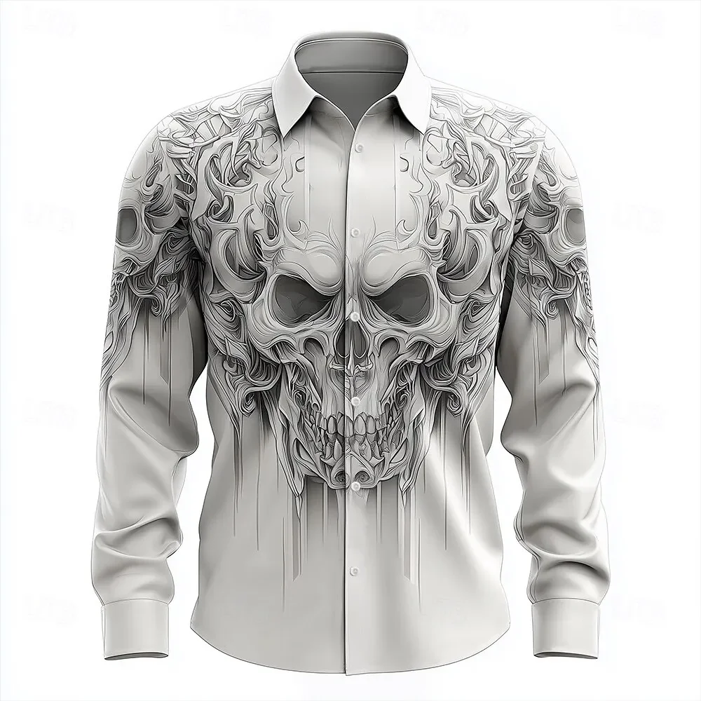 Hip hop skull print shirt men's street wear new long sleeved top city fashion pattern print T-shirt casual loose Gothic top