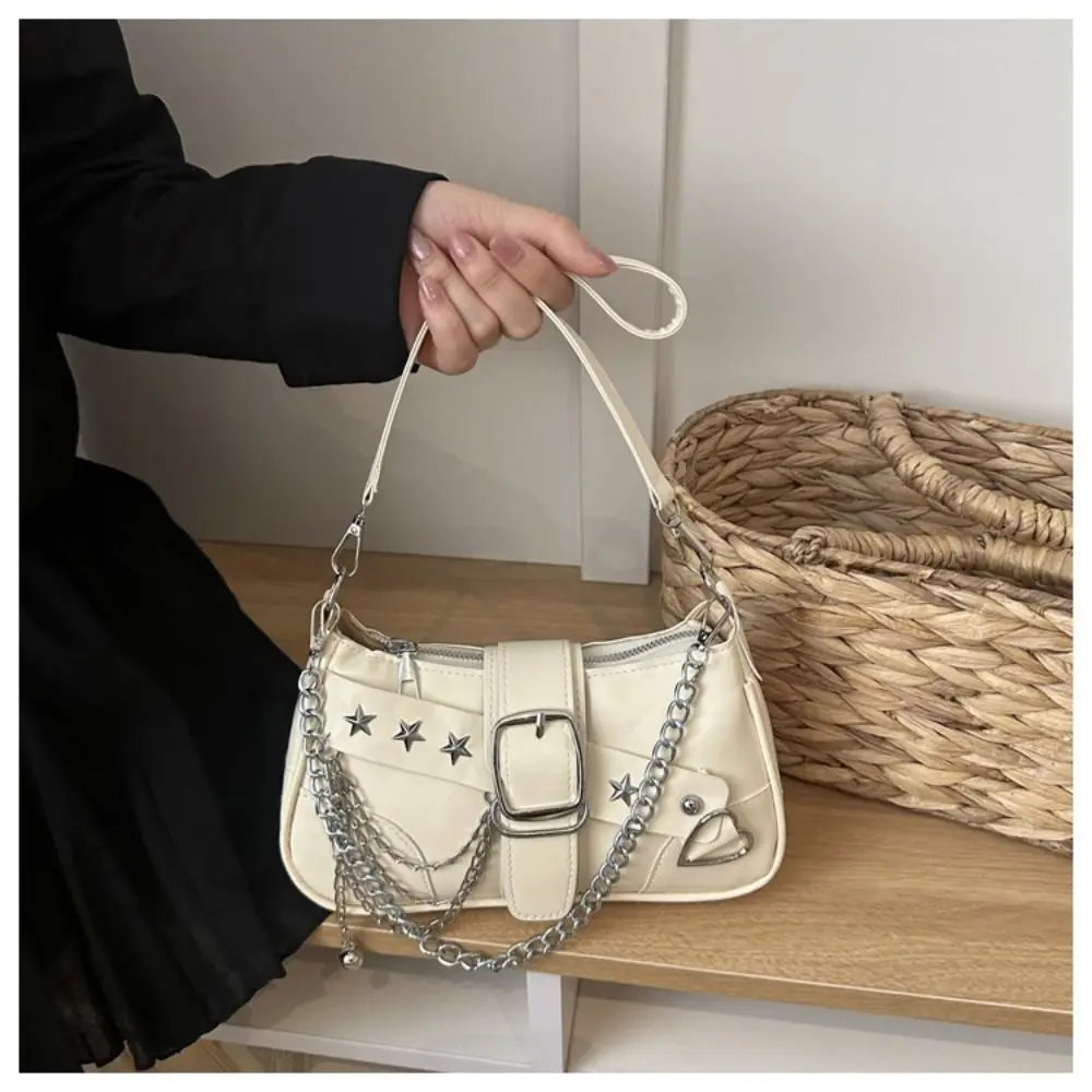 Simple Y2K Star Rivet Shoulder Bag Spicy Girl Chain Retro Motorcycle Bag Handbag Pu Leather Underarm Bag Girls