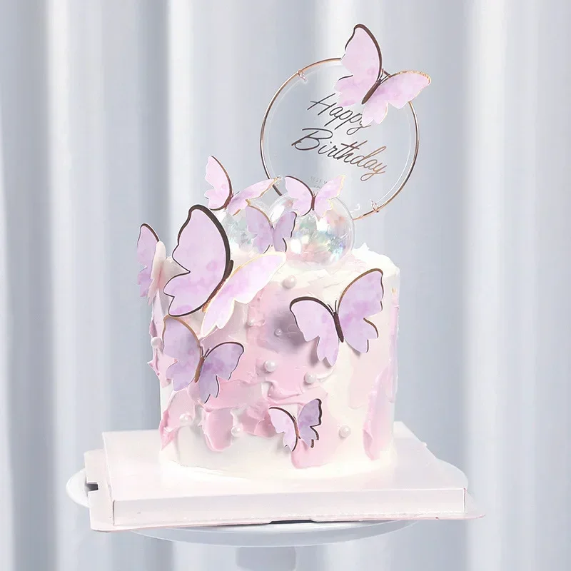 Purple Pink Butterfly Cake Decoration Happy Birthday  Topper Handmade Painted For Wedding  Party Baby Shower