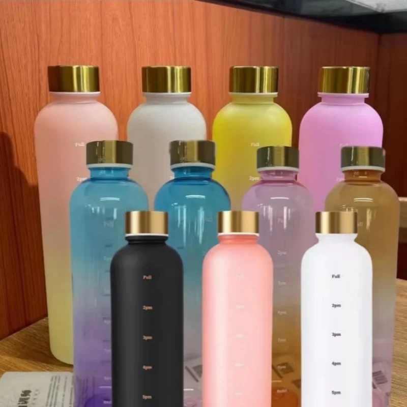 1000ml Bottle With Time Marker 32 OZ Motivational Reusable Fitness Sports Outdoors Travel Leakproof BPA Free Frosted Plastic