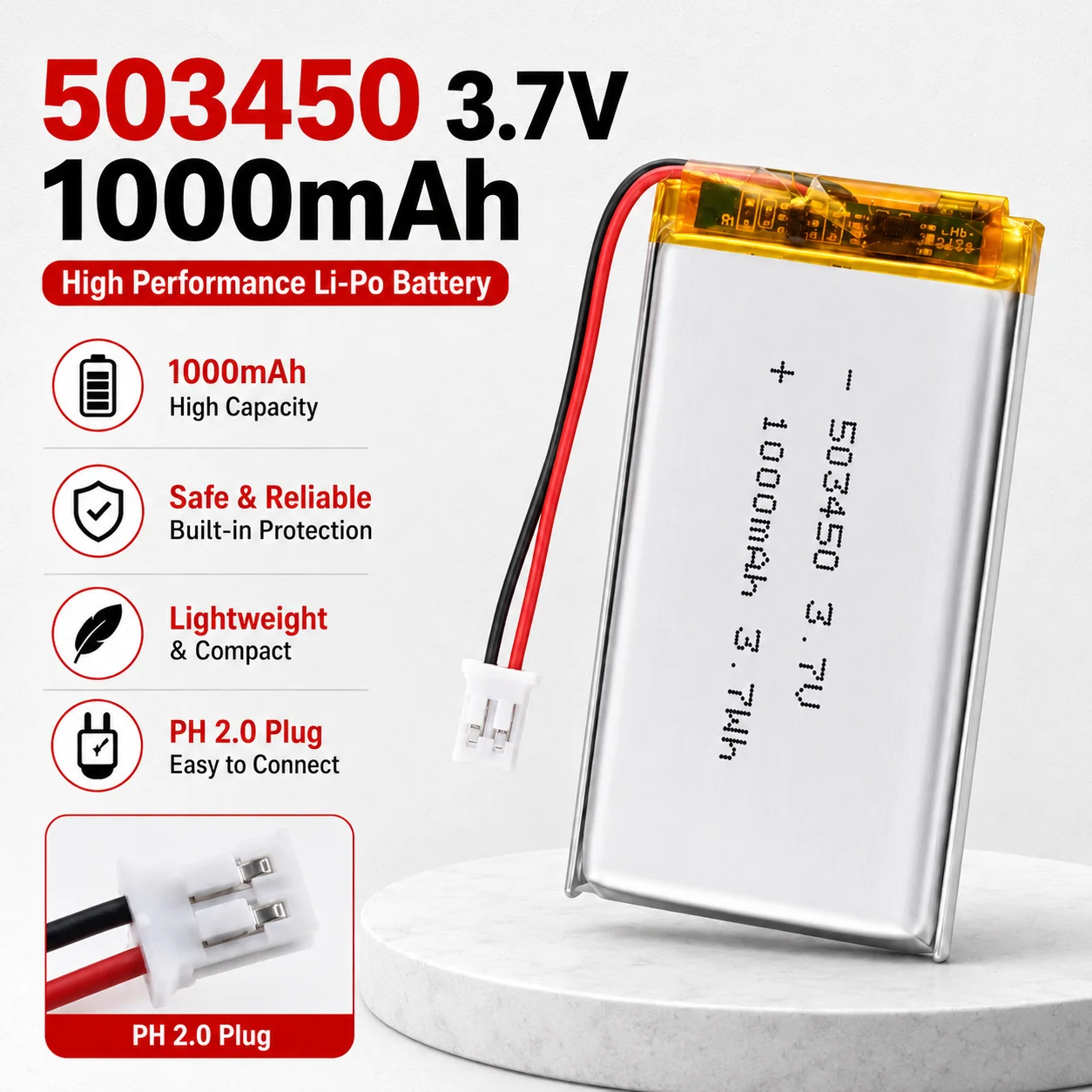 523450 503450 3.7V 1000mAh Rechargeable LiPo Battery PH2.0 2Pin for GPS Phone DVD MP5 Camera