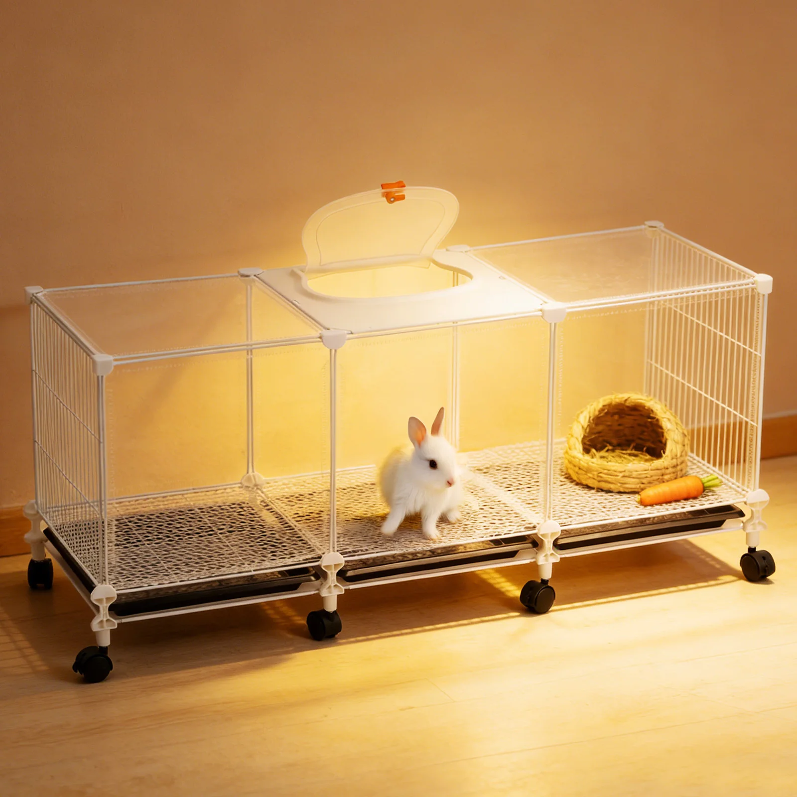 

White Portable Pet Cage, Animal Cage with Wheels and Tray, Top-opening High-definition Viewing and Ventilation Pet Housing/feeding Box, Multi-purpose Pet Cage Suitable for Rabbits, Chicks, Robin, and Small Birds.