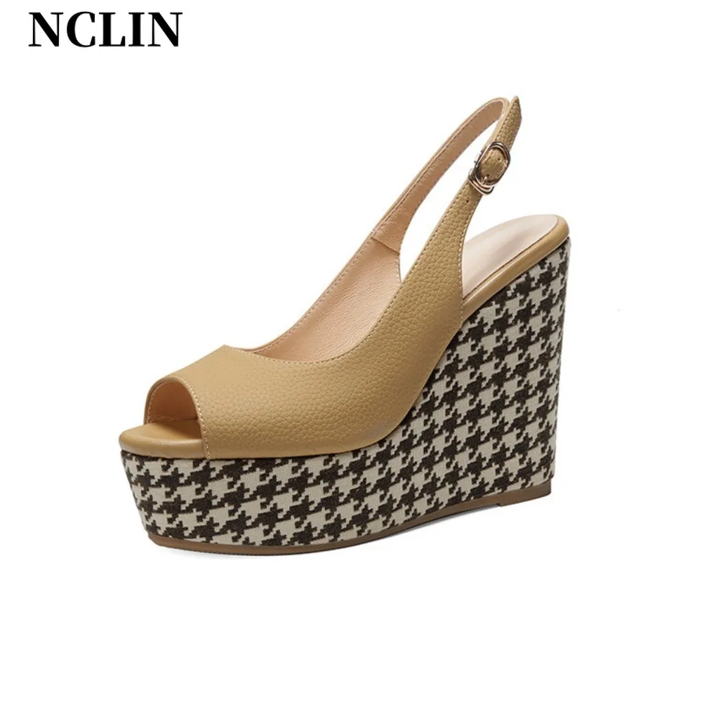 

NCLIN Fashion Women High Wedges Heels Sandals Genuine Leather Comfort Casual Shoes Summer Leisure Platform Shoes Sandal Peep Toe