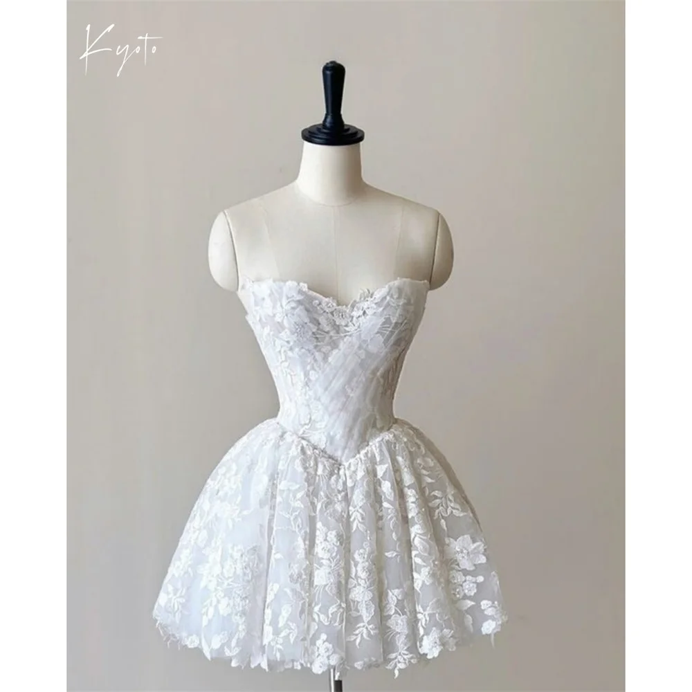

Kyoto Customized White Flowers A-Line Corset Wedding Dress Strapless Sleeeveless vestidos de novia Mini Ball Gown Evening Dress