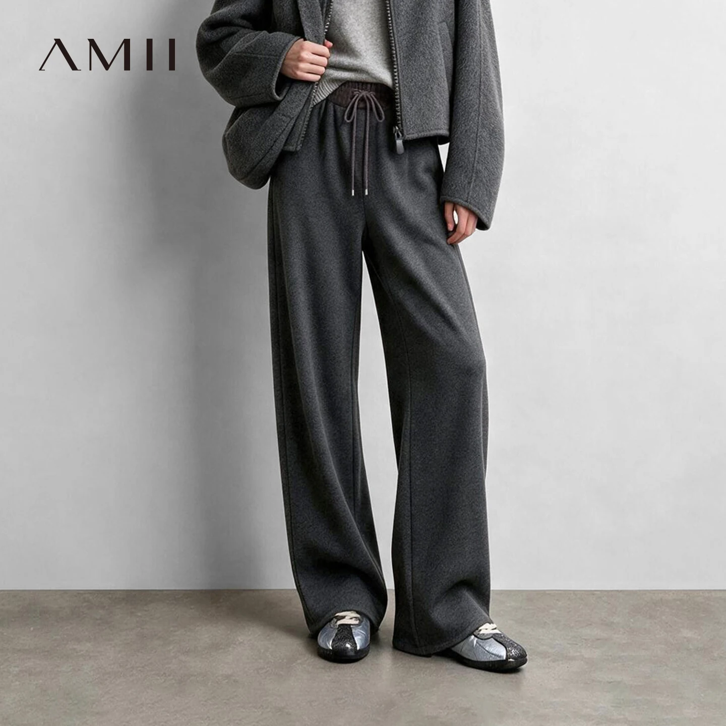 Amii Minimalist Pants For Woman 2026 Winter New Contrast Fabric Splicing Cozy Casual Trousers Wide Leg Lady's Pants 12624067
