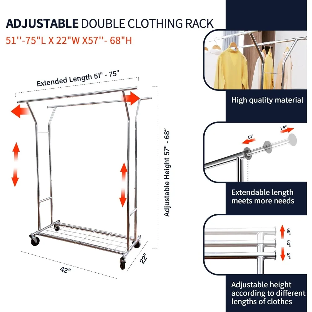 600LBS Clothing Garment Rack, Extendable Double Rod Clothes Rack with Wheels & Base, Heavy Duty