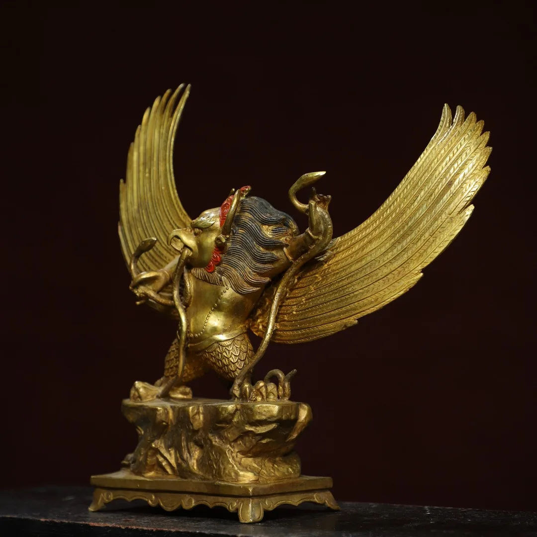 

12"Xizang Folk Old Bronze Gilded Cinnabar Garuda Dhwaja Dharma Protector Station Buddha Worship Hall Town house