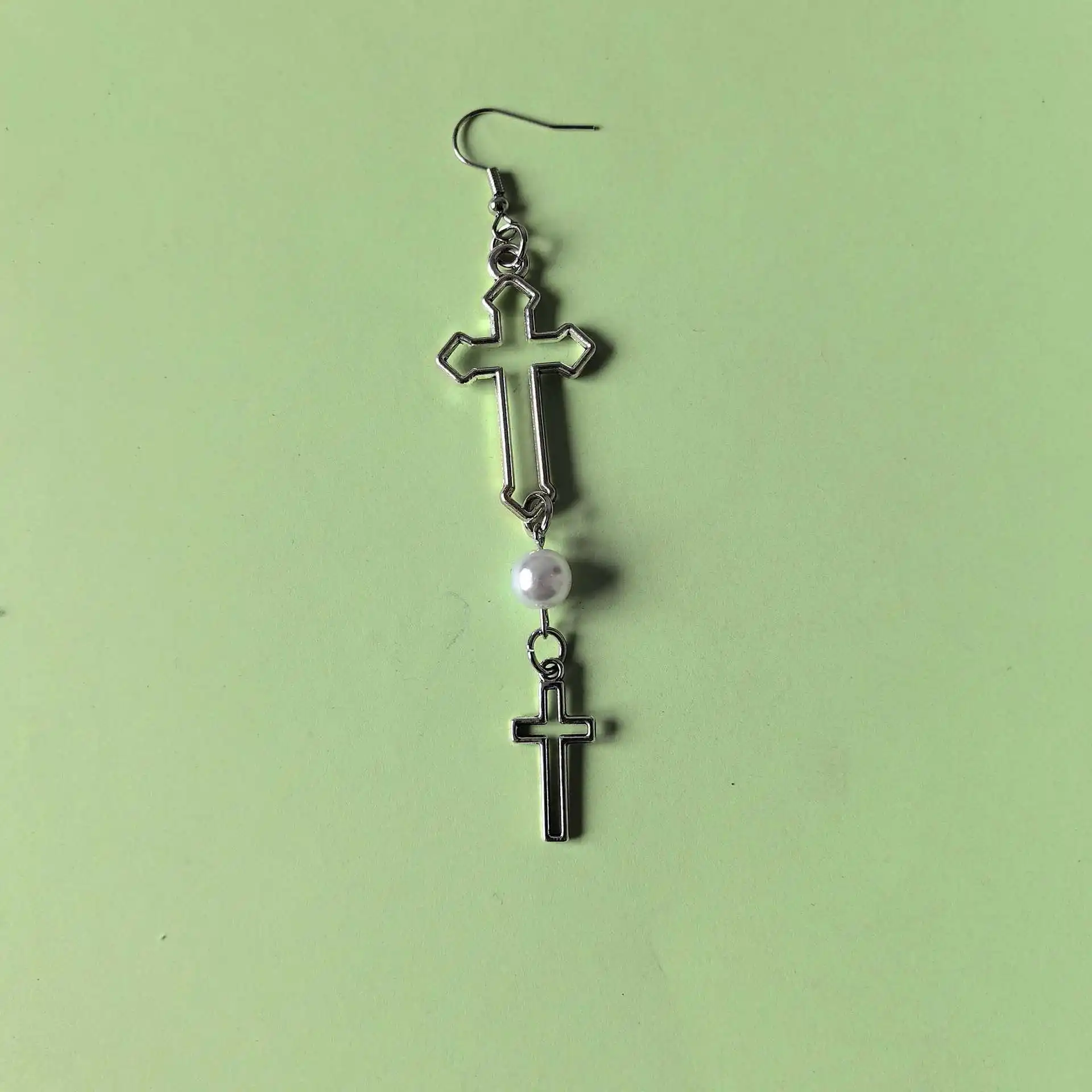Gothic Punk Kawaii Long Imitation Pearl Hollow Cross Earrings for Women for Girls Gyaru Accessories Harajuku Jewelry