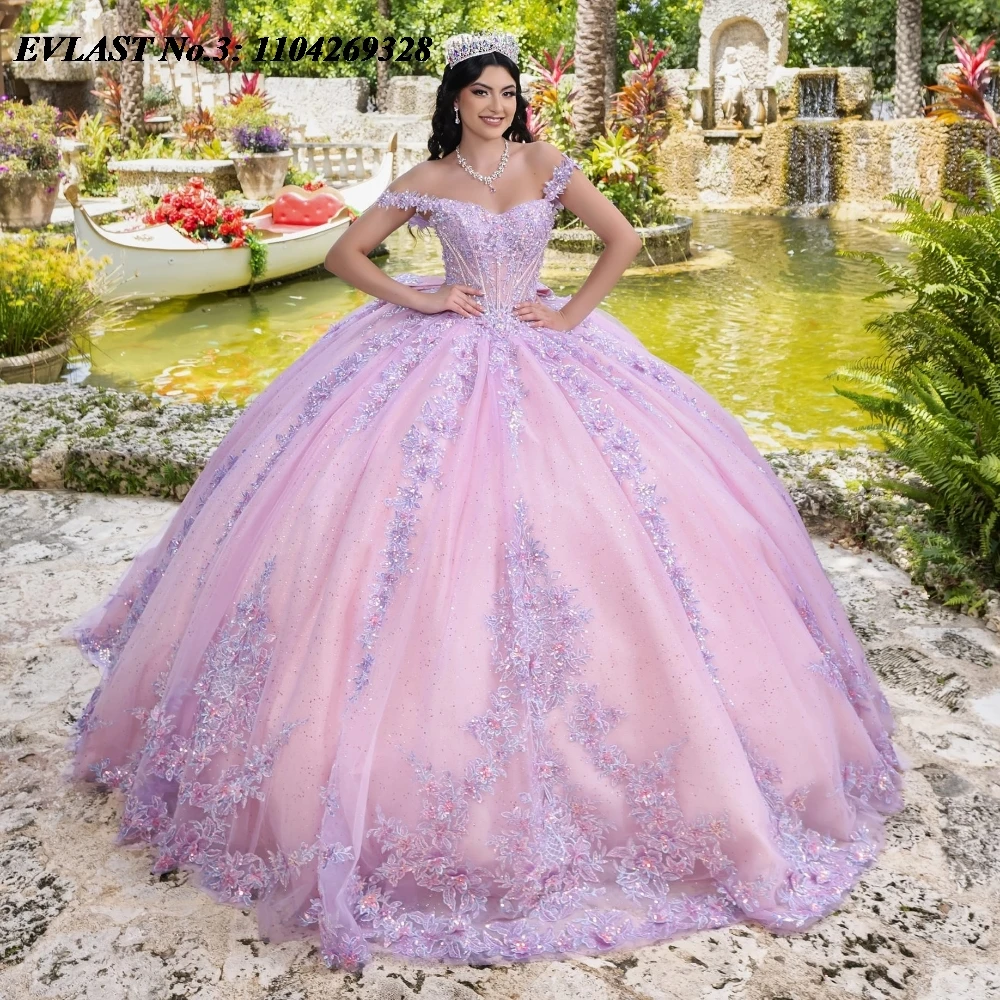 EVLAST ที่กําหนดเอง Glitter สีชมพู Quinceanera Ball Gown ลูกไม้ Applique ประดับด้วยลูกปัดโบว์รัดตัวหวาน 16 Vestido De 15 Anos E3Q468