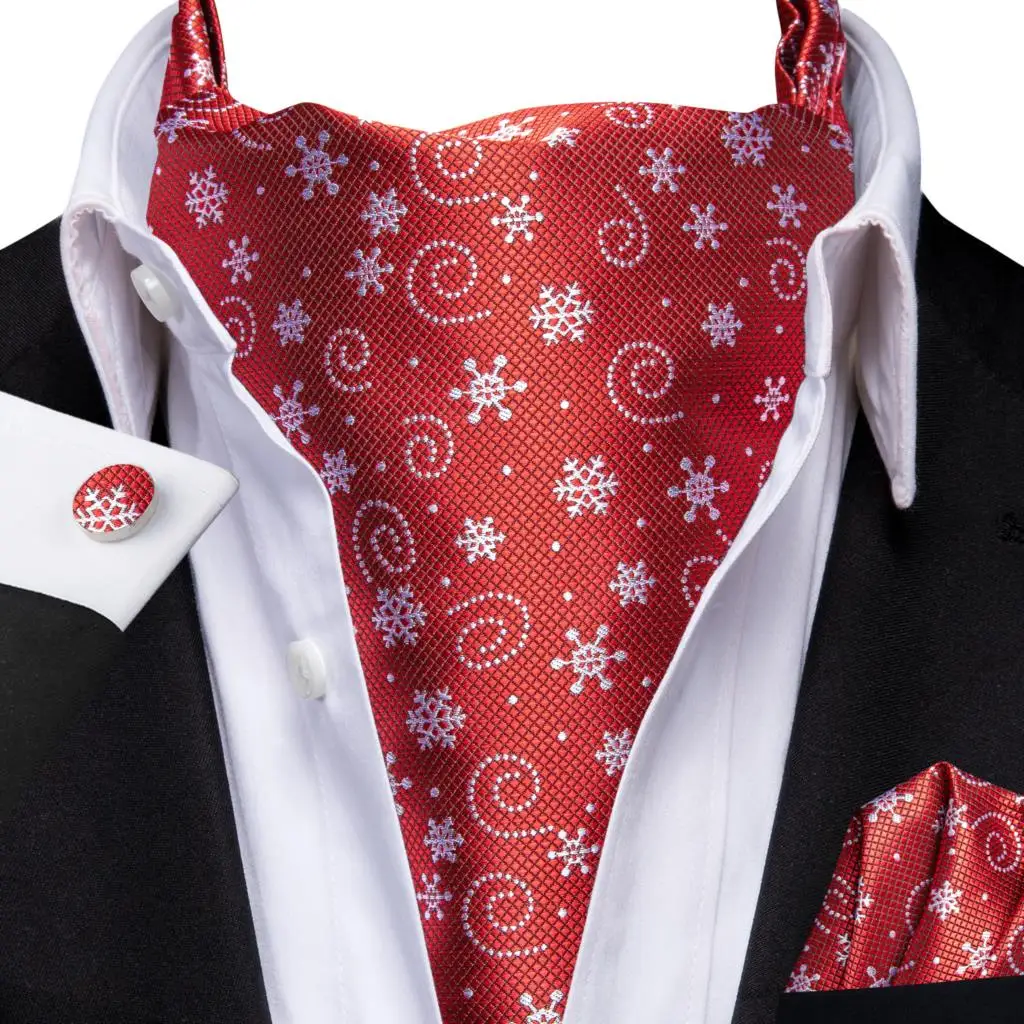 

Hi-Tie Silk Red White Men Christmas Ascot Hanky Cufflinks Set Jacquard Snow Deer Vintage Xmas Cravat Tie Wholesale for Male Prom