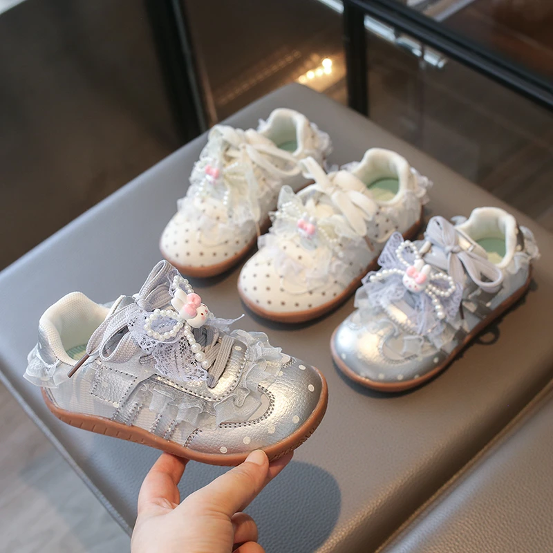 Little Girl Casual Sneakers Princess Polka Dot Children Lace Trim Tennis Shoes School Non-slip Outdoor Kids Running Sports Shoes