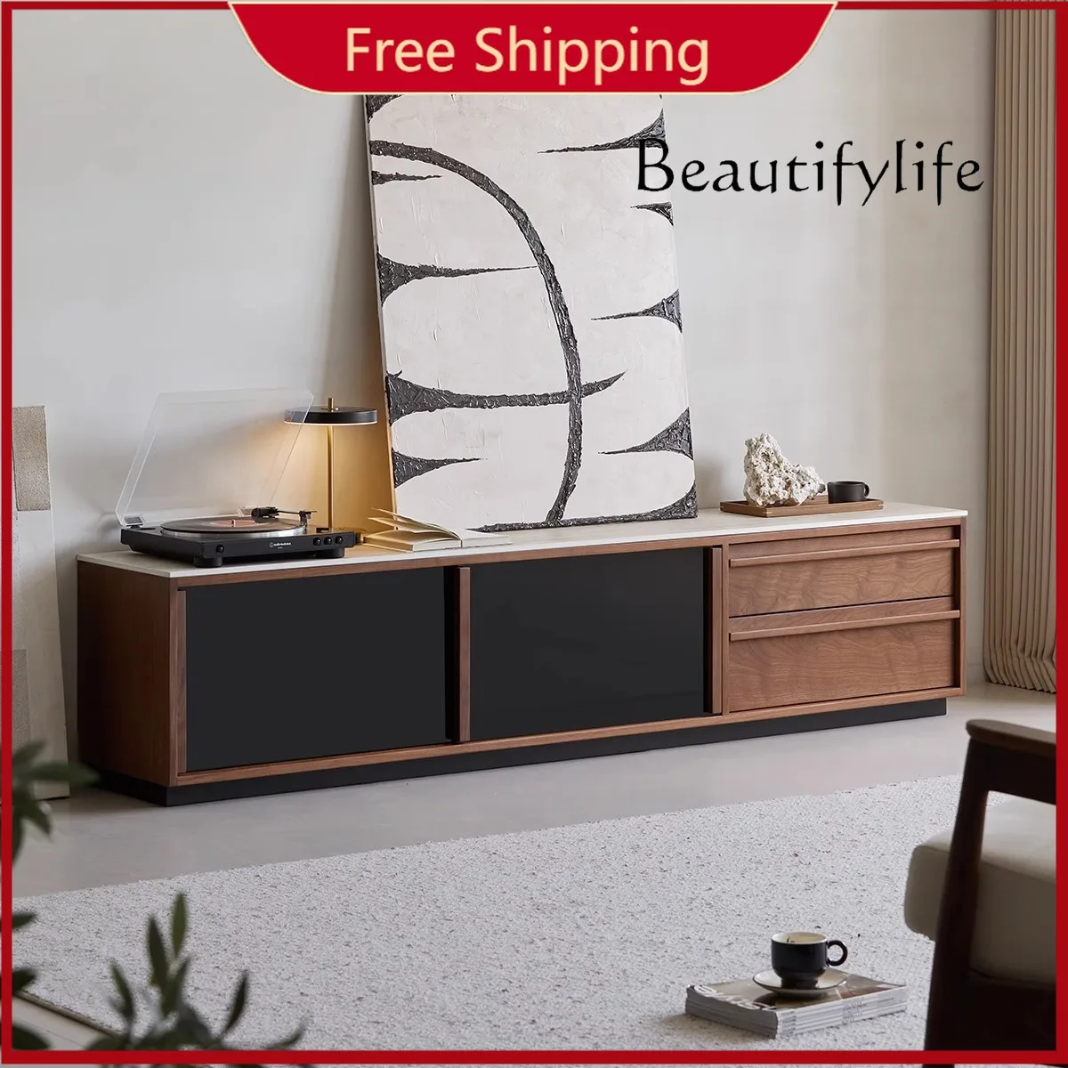 

X Medieval Solid Wood TV Cabinet, Living Room Home High-grade North American Black Walnut Floor Rock Slab Locker