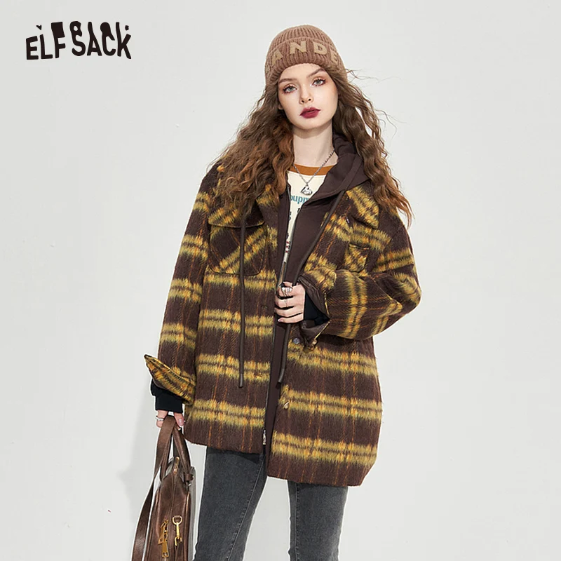 

ELFSACK Hooded Vintage Plaid Coats Women 2023 Winter Elegant Casual Outwears