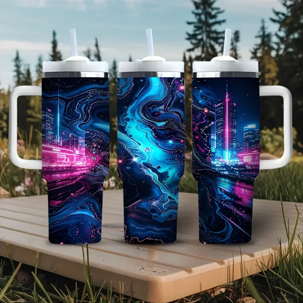 40Oz Tumbler with Handle, Neon Cyber City Fluid Marble Print, Fits Both Hot And Cold Drinks, Perfect for Adults Who Love Cyberpunk Style, Suitable for Outdoor Travel, Daily Commuting, Camping, And Leisure Activities