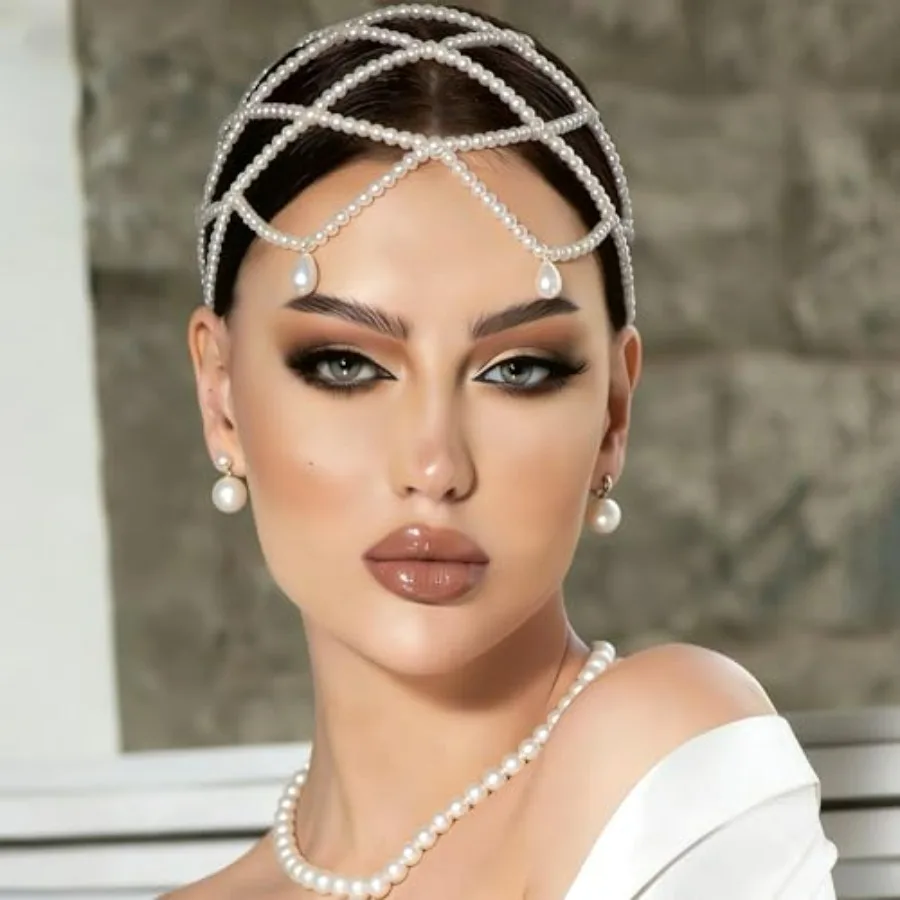 Wedding Pearl Head Chain White Tassel Pearl Hair Cap 1920s Flapper Cap Headpiece Elegant Great Gatsby Headband Prom Bridal Cost