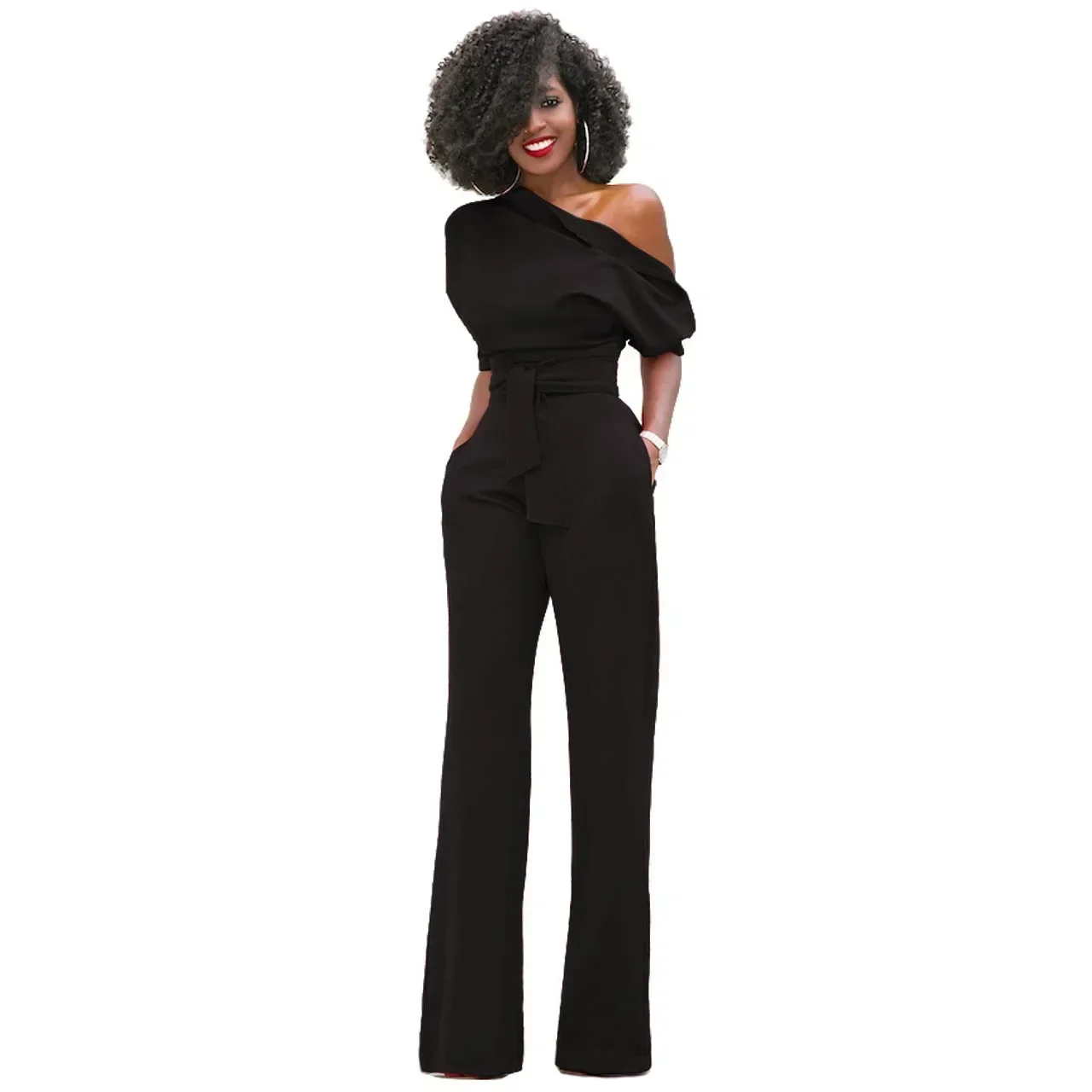 

Women's Fashion European and American Classic Solid Color Jumsuit Ladies Slanted Collar Button Jumpsuit Wide Leg Pants