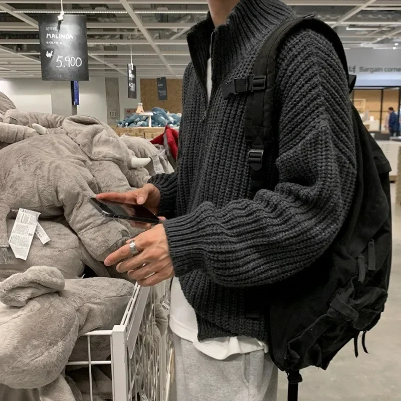 

Autumn Men's Casual Knitted Cardigan Sweater Texture Luxury Long Sleeve Solid Color Stand Collar Striped Zipper Coat Knitwear