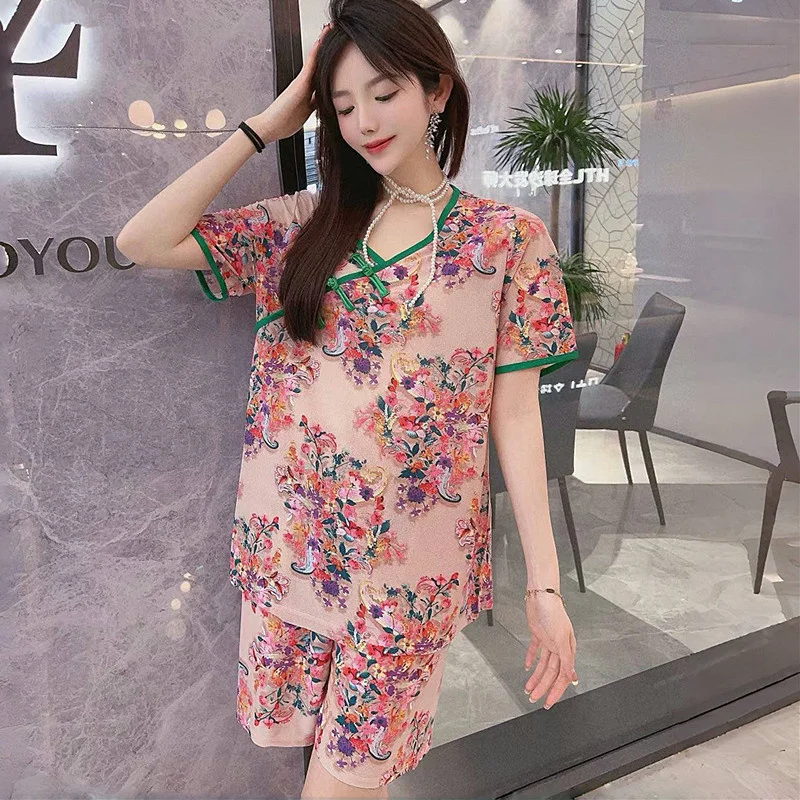 

XL-6XL Vintage Printed Summer Rayon Sleepwear Women Short Sleeve Night Dress Plus Size Thin Shorts Set Ladies Nightgowns