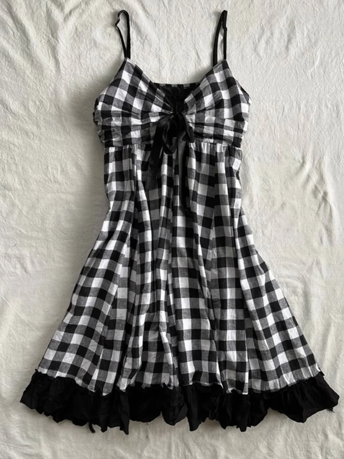 Original Vintage Bla blanc Plaid bretelles a-ligne Dr femmes été coton taille haute robe marque chinoise BYSN-250098