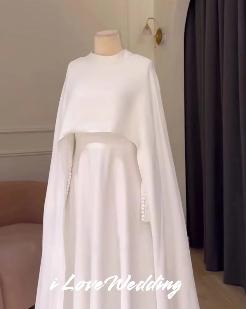 White O-Neck Wedding Dress 2025 Shawl Long Sleeve Button A-Line Saudi Arabia Sweep Train Muslim Floor-Length Pleated Customized