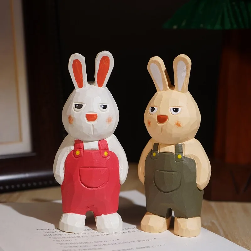 Handmade Wood Carved Rabbit In Overalls Figurine Cute Cartoon Office Computer Decor Desk Wooden Animal Ornament Home Craft Gift