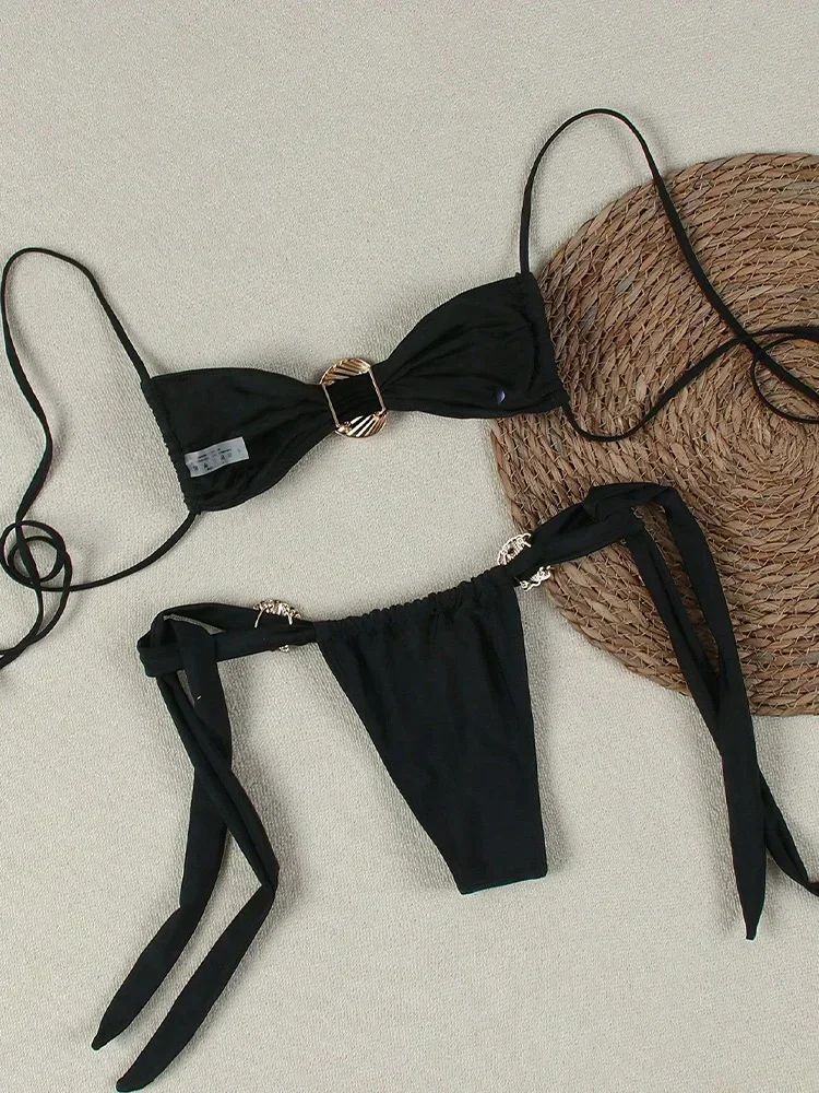 UETEEY 2025新作 サマービキニセット セクシーなシェル装飾 レースアップビキニ ツーピースセット レディース 無地 スプリット水着 ビーチビキニ