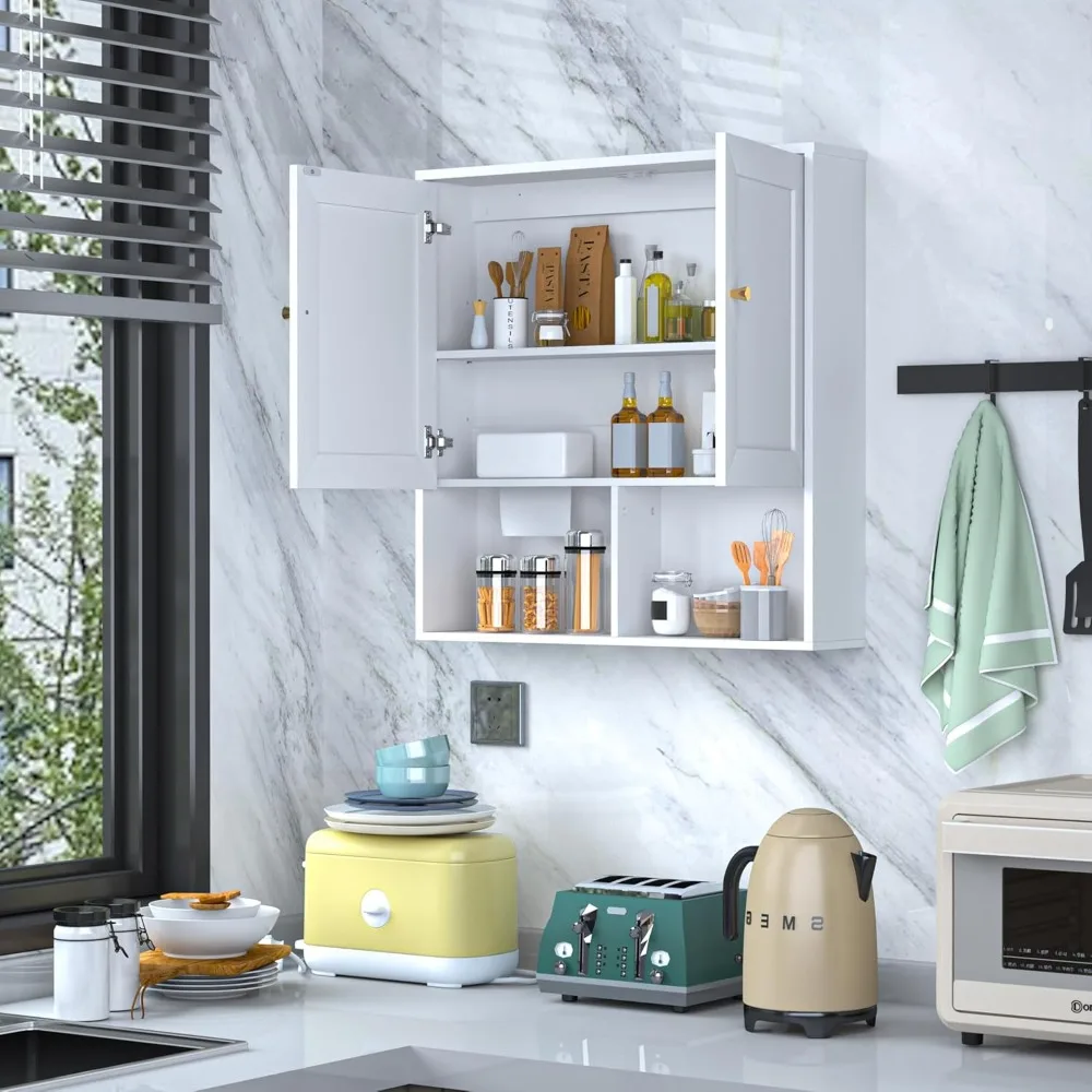 خزانة حائط للحمام، خزانة أدوية مع بابين وأرفف قابلة للتعديل، تخزين خشبي معلق من 3 طبقات فوق المرحاض، جدار أبيض