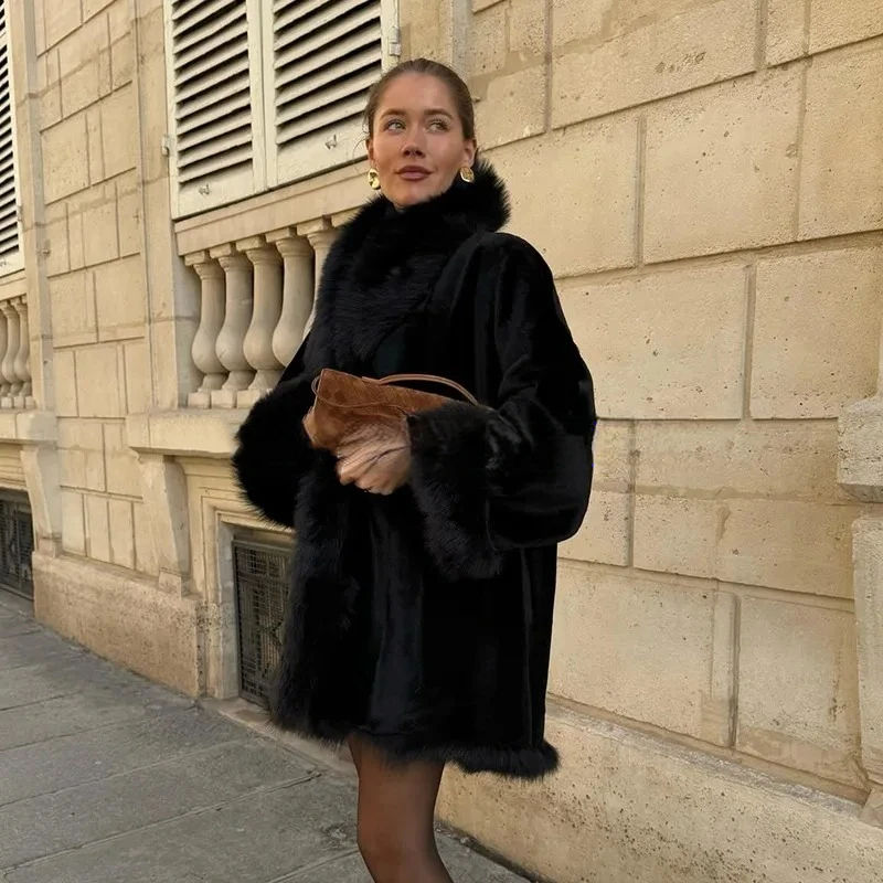 Woman Fur Coat Elegant Classy Faux Fur Oversized Collar Coat Knee Length Open Front Winter Cold Weather Plush Warm Evening Wear
