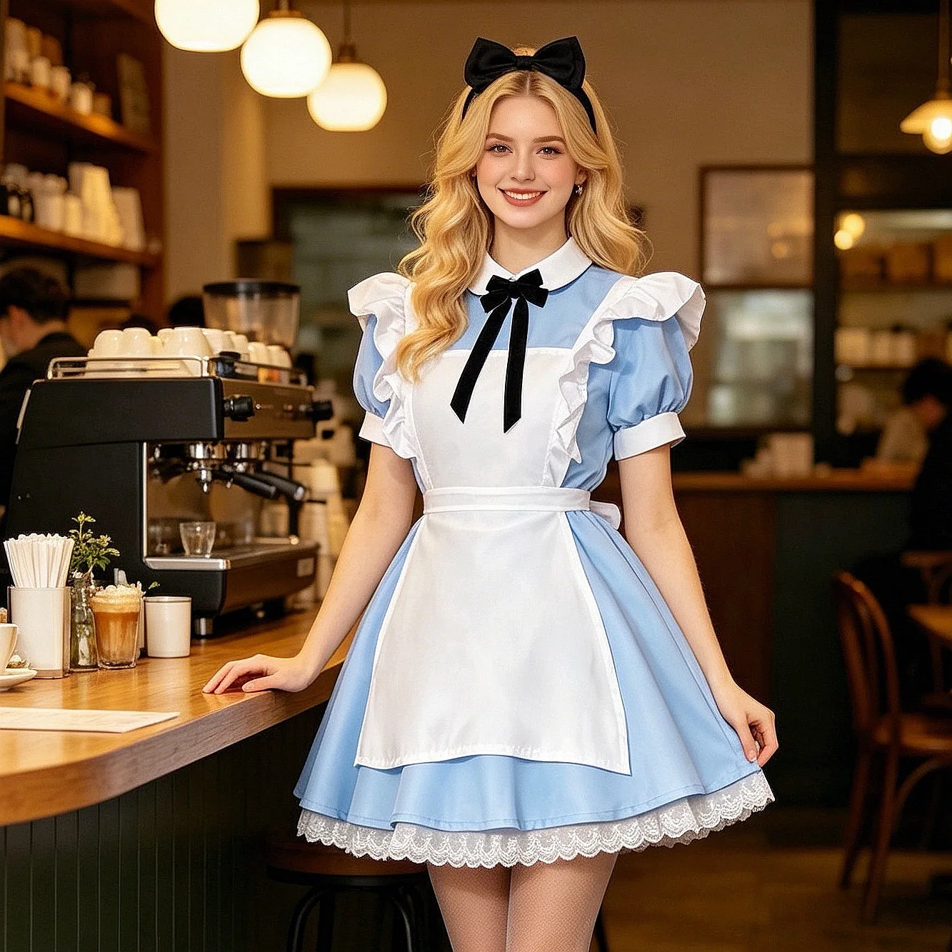 Lolita-Kleid Dienstmädchen-Schürze Fantasie-Halloween-Karnevalskostüm für Frauen Maskenball-Party Alice im Wunderland Cosplay-Kostüm