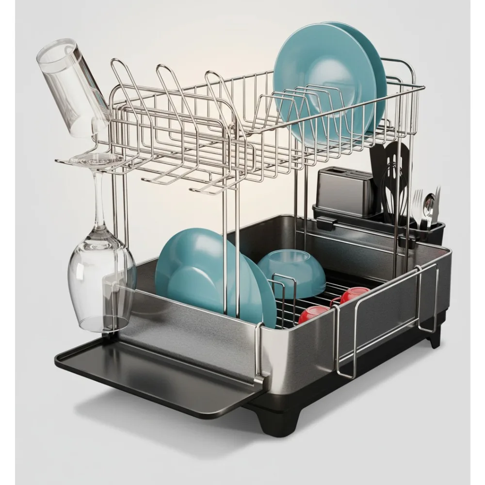 

2-уровневая сушилка для посуды из нержавеющей стали с сливной трубой и держателями для посуды - компактный кухонный органайзер для крупных семьи