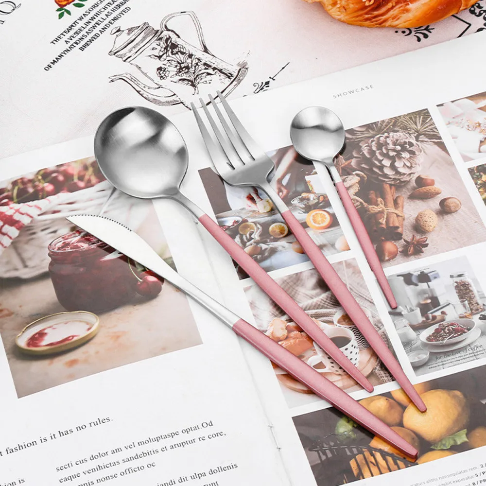 Pink Silver Cutlery Set 48pcs Stainless Steel Tableware Forks Spoons Dessert Knifes Dinnerware Set Kitchen Complete Flatware Set