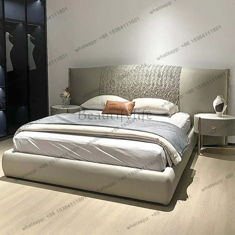 Customizable Luxury Upholstered Leather Double Bed With Textured Head Wedding Soft Bed Premium Bedroom Furniture