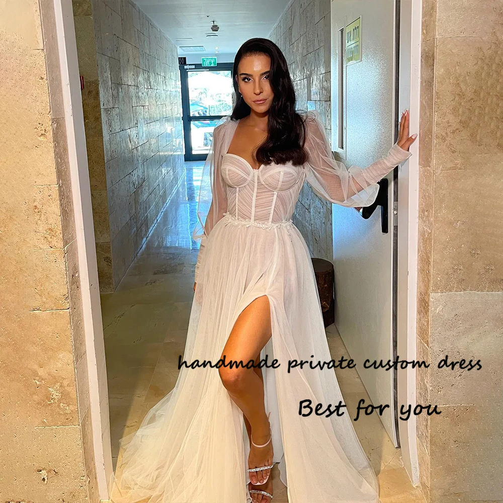 

Illusion Tulle A Line Wedding Dresses Long Sleeve Bone Corset Sweetheart Bride Dress 2023 Beach Israel Bridal Gowns