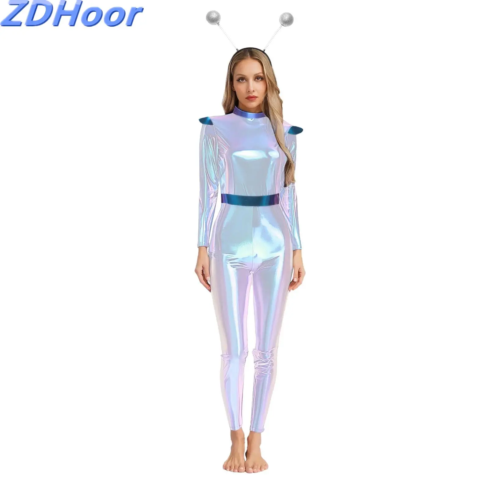 

Womens Alien Robot Astronaut Cosplay Jumpsuit with Headwear Long Sleeve Full-body Metallic Shiny Unitard for Halloween Party