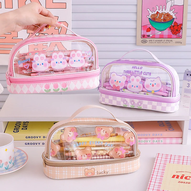 Portable Cute Cartoon Large Capacity Pencil Case Student Handheld Pen Bag Storage Bag Student Stationery Box Makeup Bag