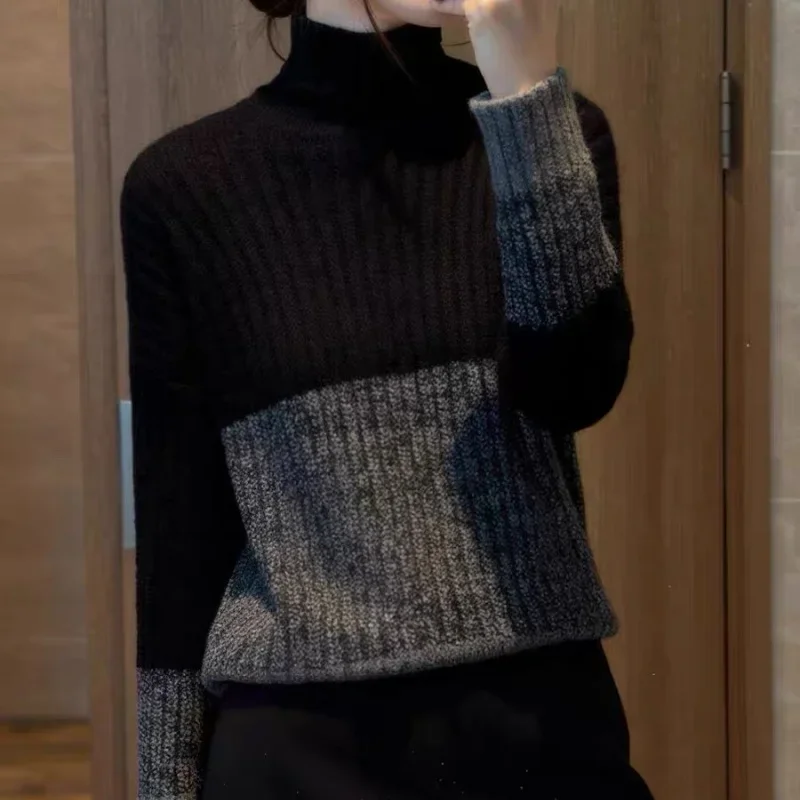 韓国ファッション タートルネック ニット プルオーバー レディース 2025 新作 秋冬 長袖 ラフ カラーブロッキング セーター カジュアル ジャンパー