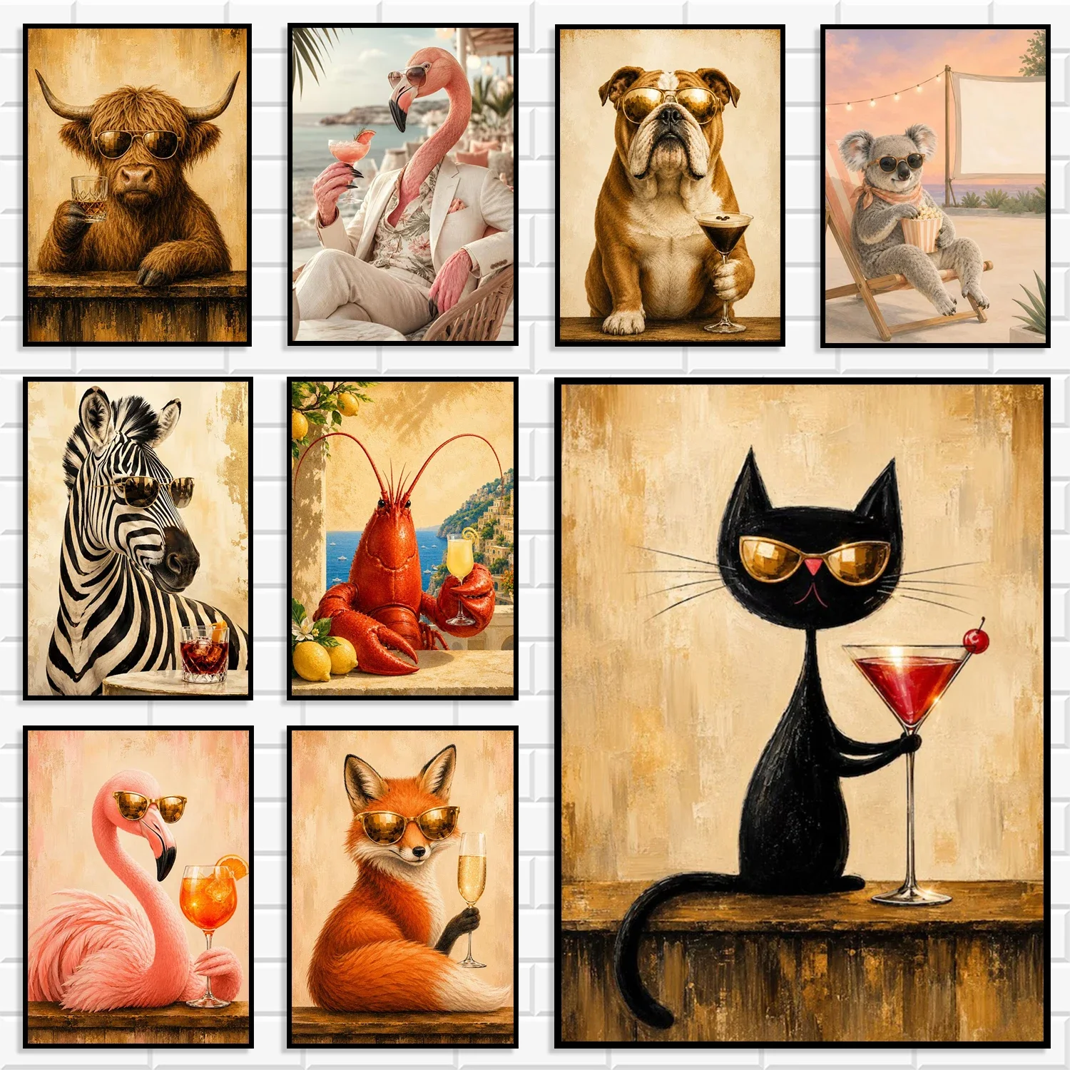Retro Vintage Cool Animal Canvas Print Bundle Wildlife Wearing Sunglasses Holding Cocktail Poster Fun Bar Farmhouse Home Decor