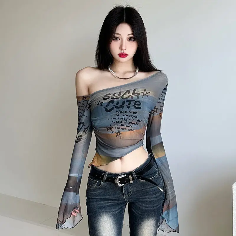 

Y2k Aesthetics Gothic Crop Tops Women Harajuku Sexy Long Sleeve Irregular T-shirt Streetwear Japanese Letter Print Slim Tees New