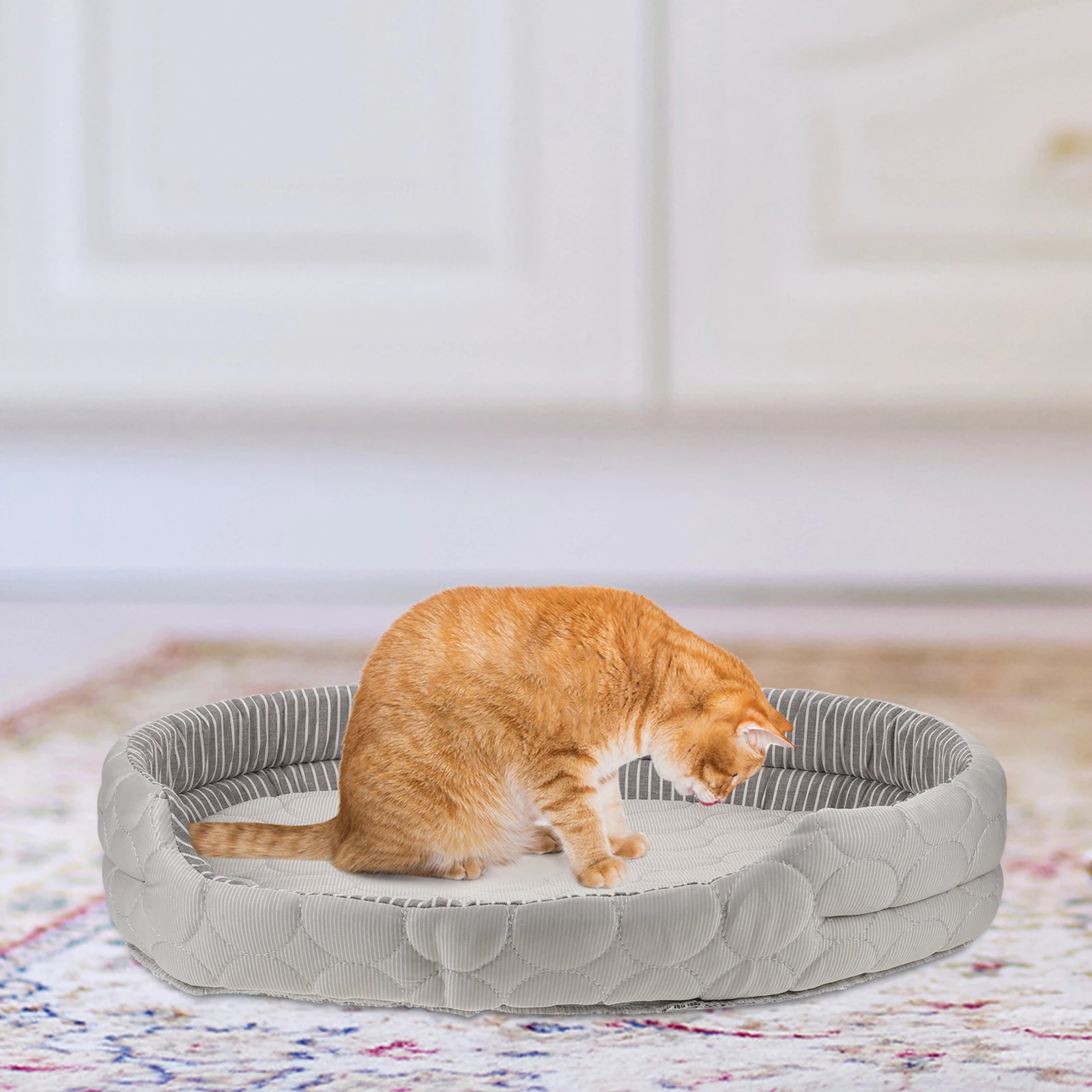 

Pet Cooling Bed Washable Oval Mat Stripe Pattern Detachable Fabric Indoor Outdoor Cat Kitten Summer Dog Cool Sleeping Cushion