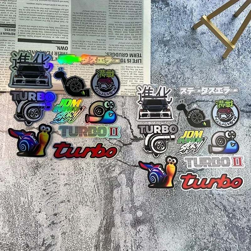 مجموعة ملصقات سباق التوربينية الرائعة، شارات فريدة تتميز بشعارات Turbo ورسومات الحلزون الممتعة لتخصيص رحلتك