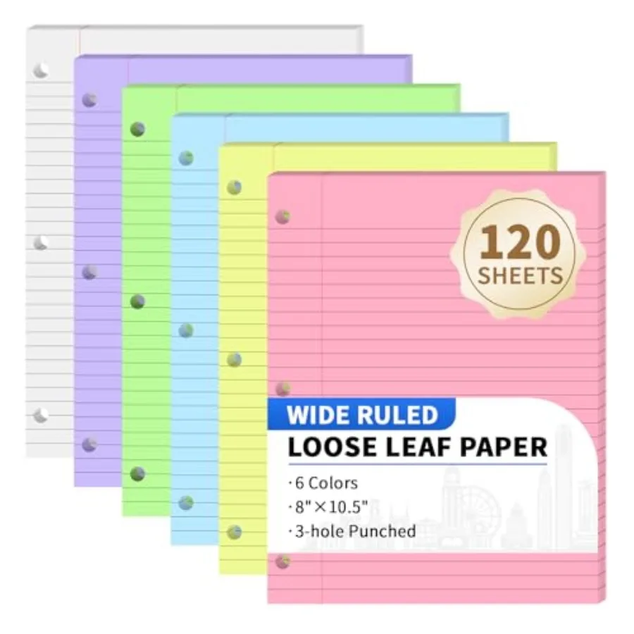 

120 Sheets Loose Leaf Binder Paper, 6-Color Wide Ruled Lined Paper, 8" x 10.5", 3-Hole Punched Notebook Paper Writing Paper for