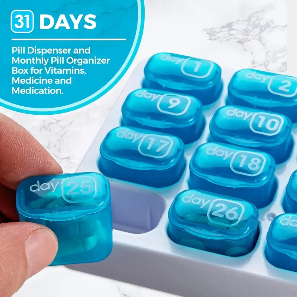 31 Day Monthly Pill Organizer with Large Removable Medication Pods, Portable Pill Case Box Holder for Daily Medicine & Vitamins