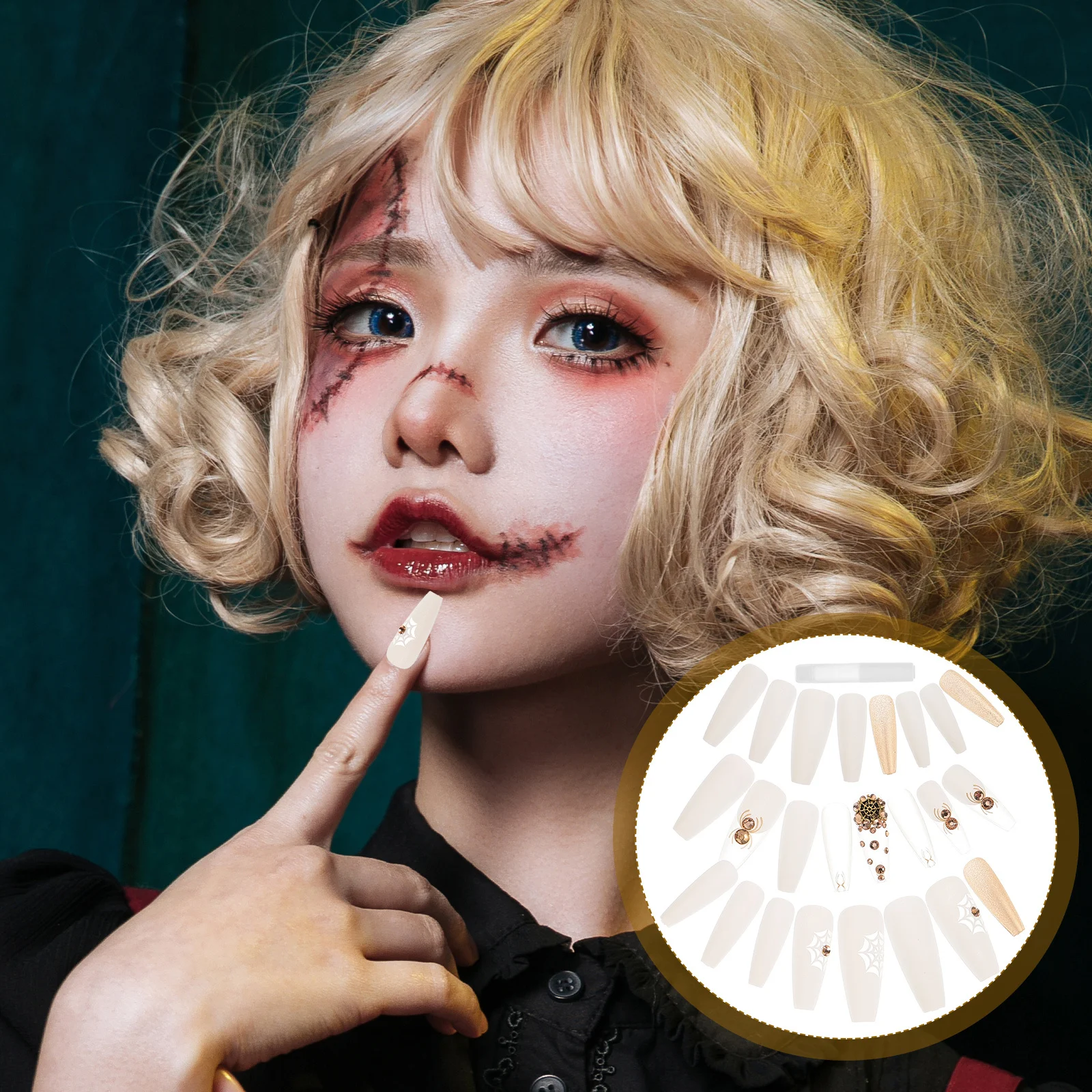 

24Pcs Halloween Press on Nails Long Fake Nails Classic Gothic Style for Party Masquerade Cosplay Nail Supplies