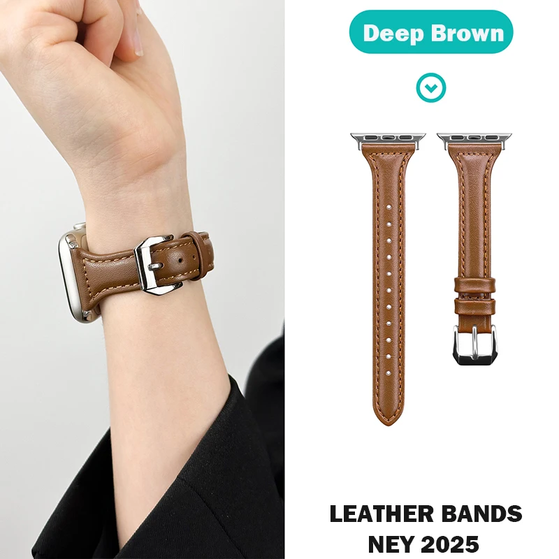 Slim Leather Strap For Apple Watch Ultra 3-2-1 49mm bands 45mm 44mm 40-41-42-46mm 44 mm Bracelet for Series 11 10 9 8 7 se 5 4 6
